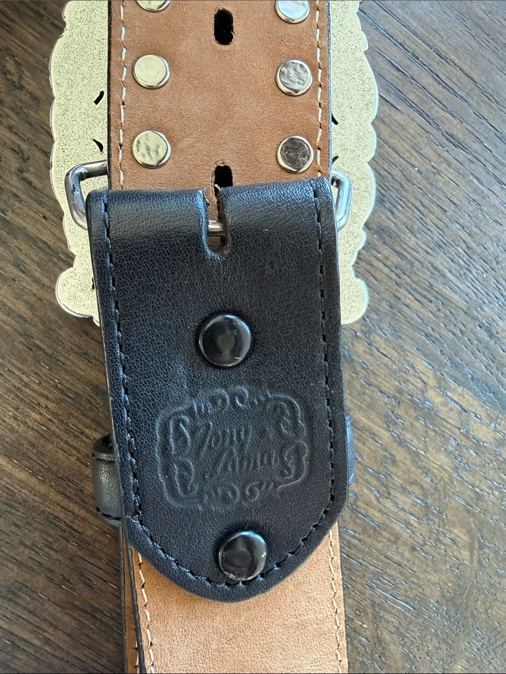 Tony Lama Studded Black Leather Belt with Ornate Rhinestone Buckle